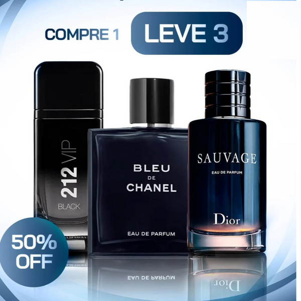 Kit 3 Perfumes Masculinos Importados (100ml cada) - Sauvage Dior l  Bleu de Chanel l  212 VIP Black ( ÚLTIMAS UNIDADES )